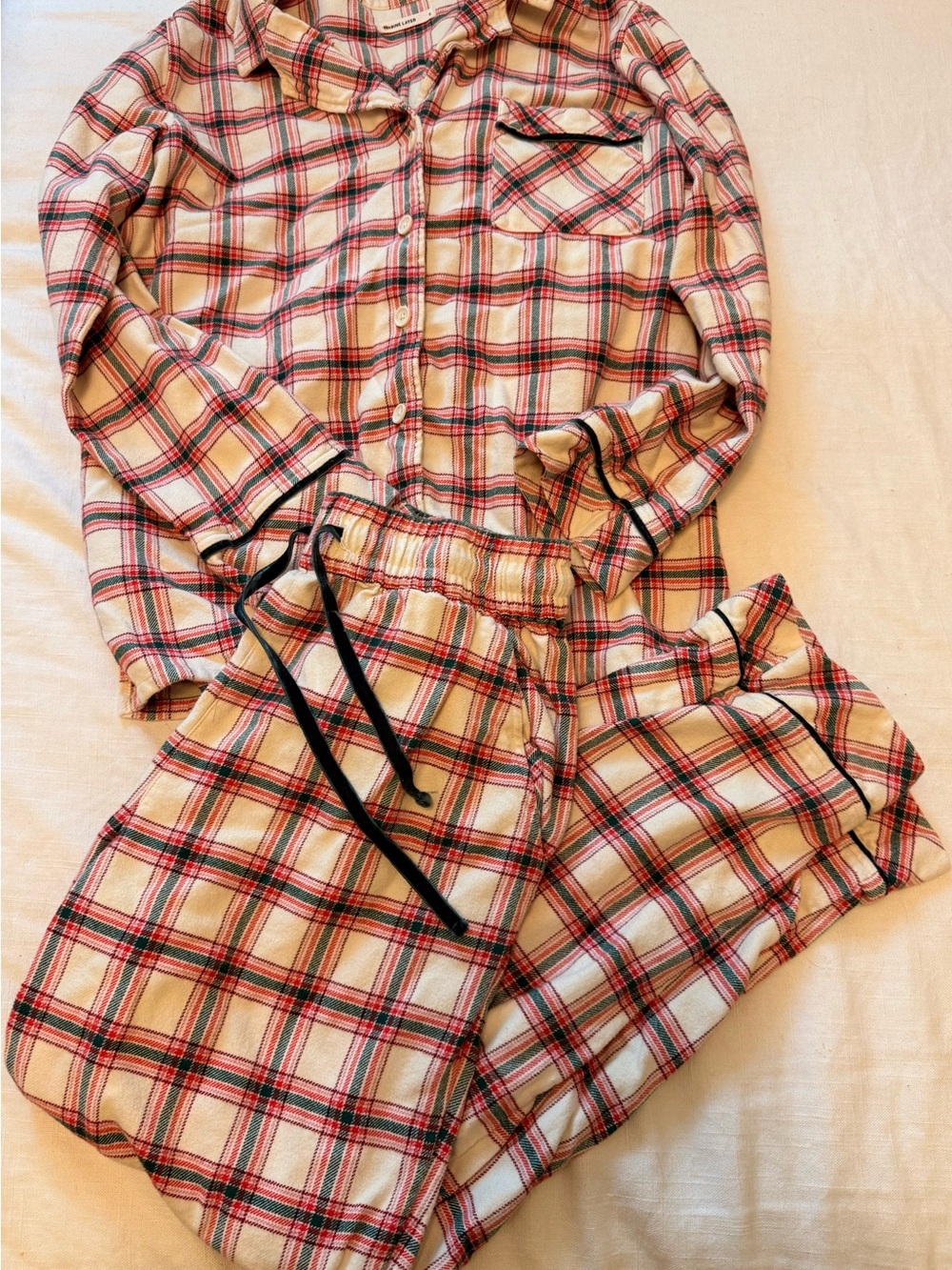 Women’s Marine Layer Plaid Flannel Pajama Set - Cream, Green & Red